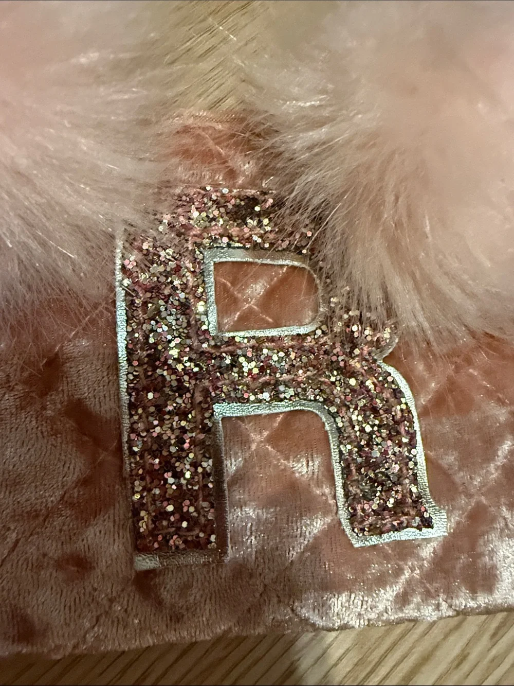 Justice Pink Velvet Pompom Wristlet with Glitter 'R'